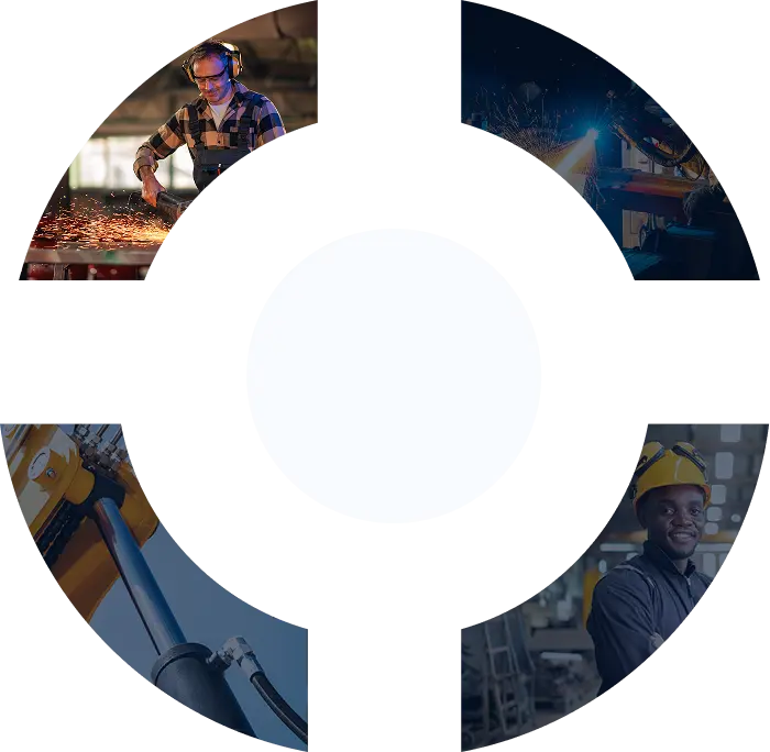 Four circular-segment photos of a worker grinding, a robotic welder, a hydraulic cylinder, and a smiling worker in a hard hat