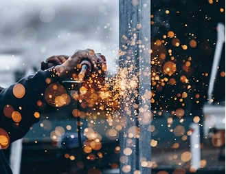 Gloved hand holding a grinder with a shower of orange sparks
