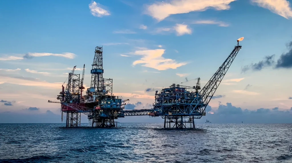 Offshore oil and gas platform with drilling derrick and flare boom at dusk