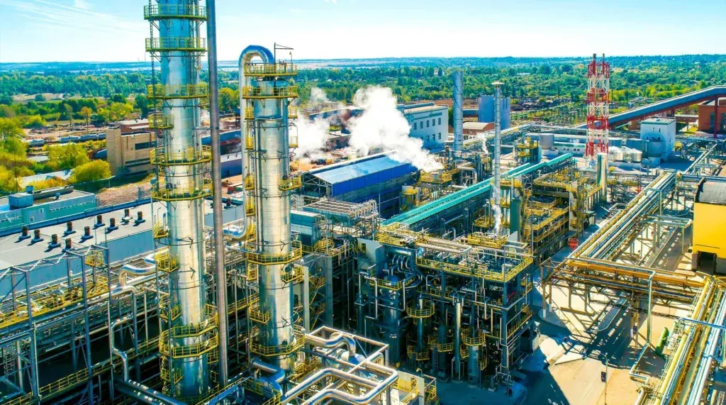 Aerial view of a petrochemical plant with tall distillation columns, piping and steam