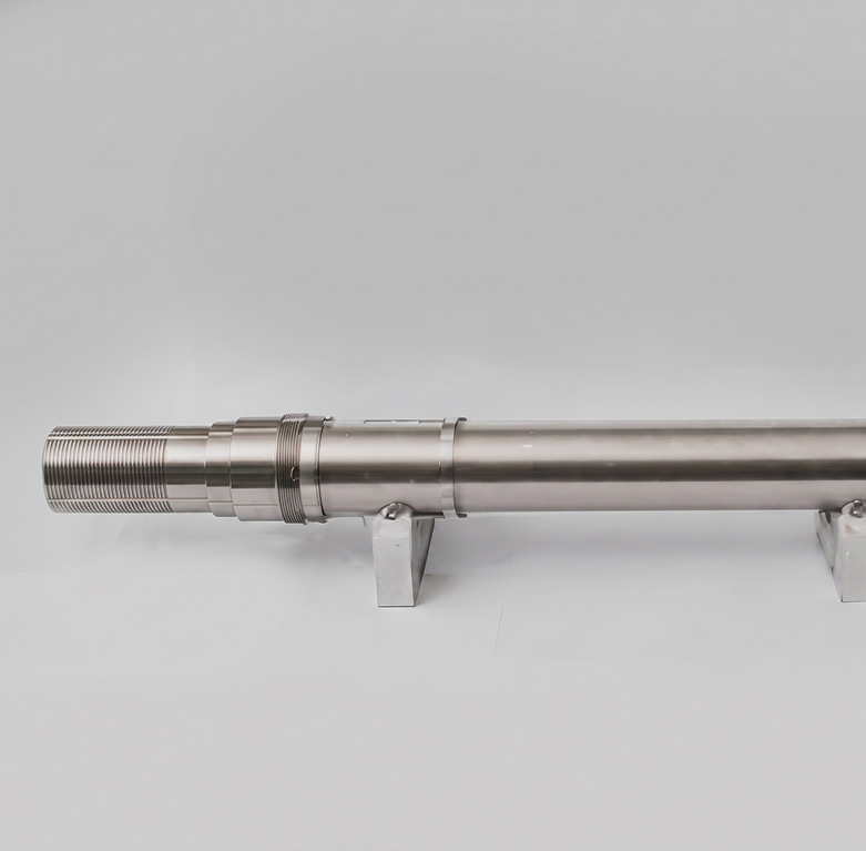 Long threaded stainless steel shaft resting on two support blocks